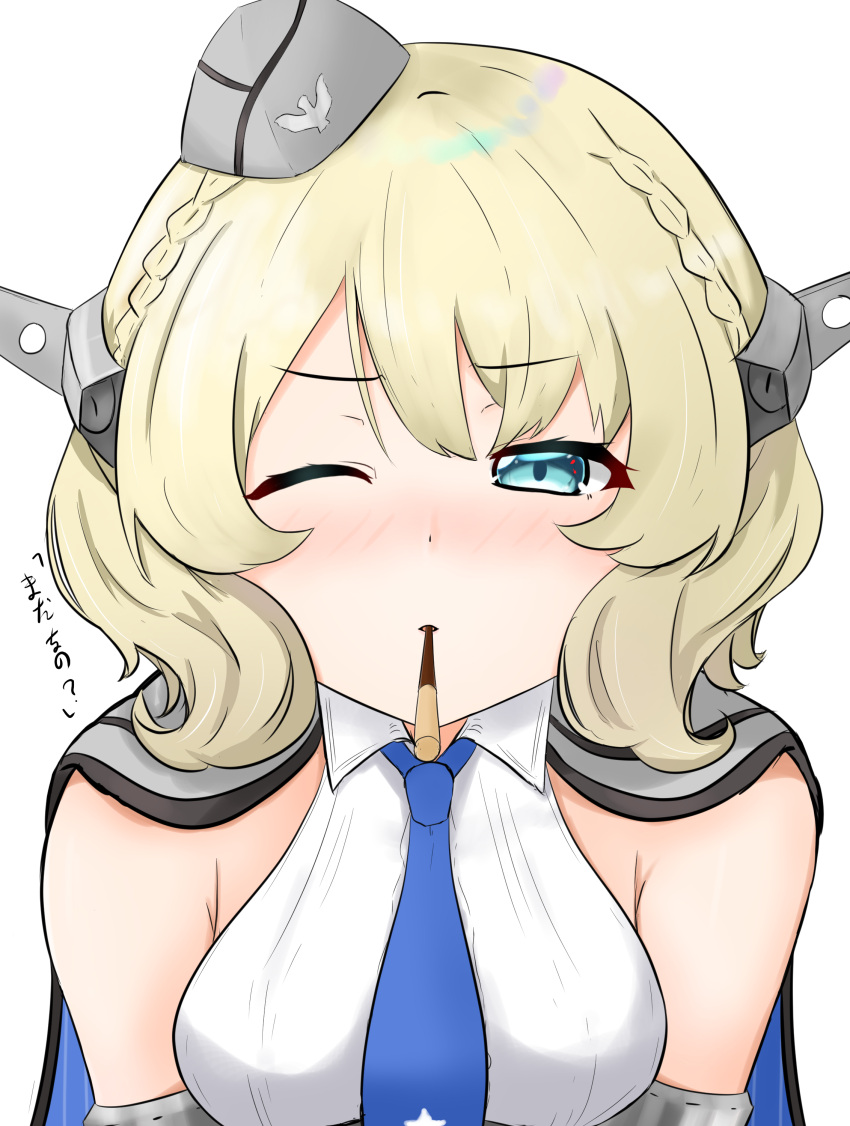 1girl absurdres blonde_hair blue_eyes blue_neckwear breasts colorado_(kantai_collection) commentary_request food garrison_cap grey_headwear hat headgear highres himenagi_yuuki kantai_collection large_breasts looking_at_viewer mouth_hold necktie one_eye_closed pocky pocky_kiss shirt short_hair side_braids simple_background sleeveless solo upper_body white_background white_shirt