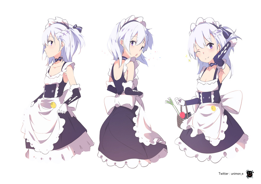 1girl ;) apple apron apron_hold arm_up armpits azur_lane basket belchan_(azur_lane) belfast_(azur_lane) black_dress braid child choker collarbone commentary_request dress elbow_gloves fish flat_chest food french_braid fruit gloves hand_in_hair highres holding holding_basket katuo1129 long_hair looking_at_viewer looking_back maid maid_headdress multiple_views one_eye_closed one_side_up purple_choker purple_ribbon ribbon ribbon_choker silver_hair simple_background sleeveless sleeveless_dress smile sparkle spring_onion twitter_username underbust violet_eyes white_apron white_background white_gloves
