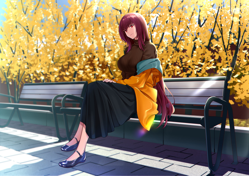 1girl absurdres bangs bench black_skirt blush breasts brown_sweater closed_mouth contemporary crossed_legs fate/grand_order fate_(series) hair_intakes highres jacket large_breasts long_hair long_skirt long_sleeves looking_at_viewer off_shoulder open_clothes open_jacket purple_hair red_eyes ribbed_sweater scathach_(fate)_(all) scathach_(fate/grand_order) shijie_jianfa sitting skirt smile solo sweater turtleneck turtleneck_sweater yellow_jacket
