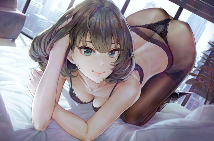 1girl ass bangs bare_shoulders black_bra black_legwear black_panties blue_eyes bra brown_hair city closed_mouth collarbone day green_eyes hand_in_hair heterochromia high_heels idolmaster idolmaster_cinderella_girls indoors looking_at_viewer mole mole_under_eye on_bed panties panties_under_pantyhose pantyhose purple_footwear short_hair sidelocks smile solo takagaki_kaede top-down_bottom-up underwear window yasukura_(shibu11)