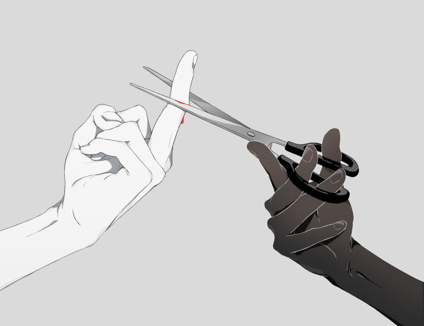 avogado6 black_nails black_skin bleeding blood blood_on_fingers bloody_hands commentary_request cutting fingernails grey_background hands holding holding_scissors middle_finger original out_of_frame scissors simple_background white_nails white_skin