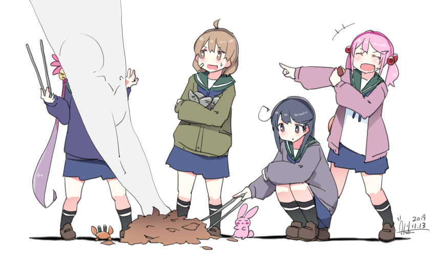 absurdres akebono_(kantai_collection) crab fire food highres kantai_collection laughing leaf oboro_(kantai_collection) potato rabbit sazanami_(kantai_collection) simple_background skirt smoke socks squatting sweater sweet_potato tongs ushio_(kantai_collection) white_background yakiimo