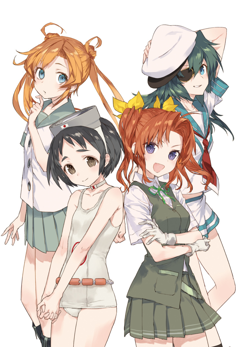 4girls absurdres abukuma_(kantai_collection) ahoge arm_up bangs bare_arms black_hair black_skirt black_vest blue_eyes boots breasts brown_eyes brown_hair buttons choker collarbone collared_shirt cowboy_shot double_bun eyebrows eyebrows_visible_through_hair eyepatch gloves goggles goggles_on_head green_hair green_neckwear green_ribbon green_skirt hair_between_eyes hair_intakes hair_ribbon hand_on_headwear hand_up hat highres index_finger_raised interlocked_fingers japanese_flag kagerou_(kantai_collection) kantai_collection kiso_(kantai_collection) knee_boots long_hair looking_at_viewer maru-yu_(kantai_collection) multiple_girls neck_ribbon neckerchief noco_(adamas) novel_illustration official_art open_mouth orange_hair own_hands_together pleated_skirt pocket ribbon school_swimsuit school_uniform serafuku shirt short_hair short_sleeves simple_background skirt sleeveless small_breasts smile standing swimsuit twintails vest violet_eyes white_background white_gloves white_shirt white_swimsuit yellow_ribbon