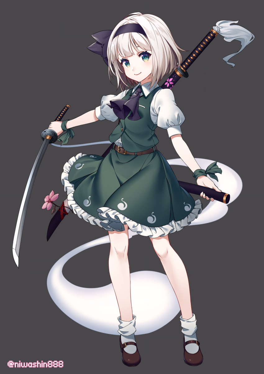 1girl artist_name ascot bangs belt black_belt black_footwear black_hairband black_neckwear black_ribbon blush commentary_request flower full_body green_eyes green_ribbon green_skirt green_vest grey_background hair_ribbon hairband highres hitodama holding holding_sword holding_weapon katana konpaku_youmu konpaku_youmu_(ghost) looking_at_viewer mary_janes miniskirt niwashi_(yuyu) petticoat pink_flower puffy_short_sleeves puffy_sleeves ribbon scabbard sheath sheathed shirt shoes short_hair short_sleeves silver_hair simple_background skirt smile socks solo standing sword touhou twitter_username vest weapon white_legwear white_shirt wrist_ribbon