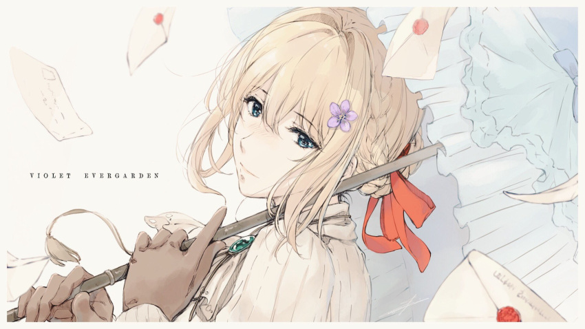 blonde_hair blue_eyes braid braided_bun brooch brown_gloves envelope flying_paper gloves hair_bun hair_intakes highres holding holding_umbrella jewelry letter paper parasol red_ribbon ribbon sugina_miki umbrella violet_(flower) violet_evergarden violet_evergarden_(character) wax_seal