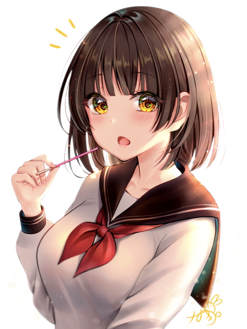 /\/\/\ 1girl :o bangs black_sailor_collar blunt_bangs blush breasts brown_hair commentary_request eyebrows_visible_through_hair fingernails food highres holding holding_food large_breasts long_sleeves looking_at_viewer mizukanayuki neckerchief open_mouth original red_neckwear redhead sailor_collar school_uniform serafuku shirt short_hair signature simple_background solo white_background white_shirt yellow_eyes