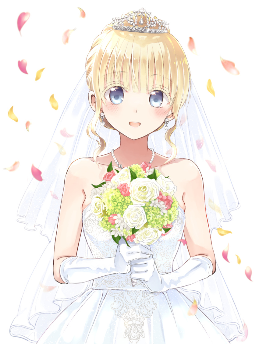 1girl :d bangs bare_shoulders blonde_hair blue_eyes bouquet bridal_veil bride check_character collarbone colored_eyelashes commentary_request crown dress earrings elbow_gloves eyebrows_visible_through_hair flower gloves highres holding holding_bouquet jewelry juliet_persia kishuku_gakkou_no_juliet looking_at_viewer natsupa necklace open_mouth petals rose short_hair simple_background smile solo strapless strapless_dress upper_body veil white_background white_dress white_flower white_gloves white_rose