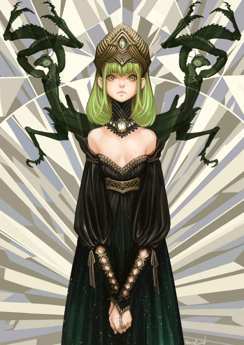 1girl aureolin31 bangs bare_shoulders black_dress breasts bridal_gauntlets closed_mouth detached_collar dress feet_out_of_frame frown gem gradient_dress green_dress green_eyes green_hair hat highres insect_girl jewelry long_arms long_neck long_sleeves looking_at_viewer mantis medium_hair off-shoulder_dress off_shoulder original own_hands_together puffy_long_sleeves puffy_sleeves ribbed_dress ribbon ring small_breasts solo standing wrist_cutout