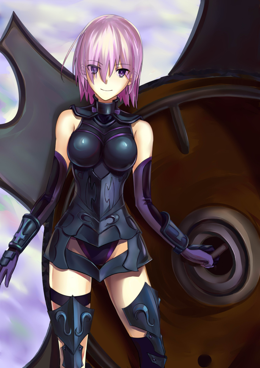 1girl absurdres armor armored_dress bare_shoulders bodysuit breasts cqqz0707 fate/grand_order fate_(series) hair_over_one_eye highres large_breasts looking_at_viewer mash_kyrielight medium_hair purple_hair smile solo thighs violet_eyes