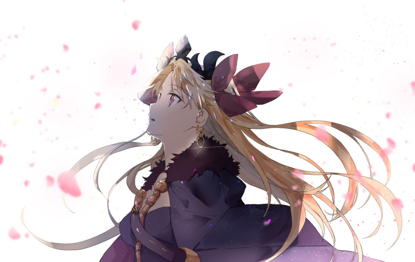 1girl ameshiki blonde_hair bow cape commentary_request dress earrings ereshkigal_(fate/grand_order) fate/grand_order fate_(series) floating_hair fur_collar gold hair_bow jewelry looking_up open_mouth partial_commentary petals red_eyes skull_necklace standing tiara twintails