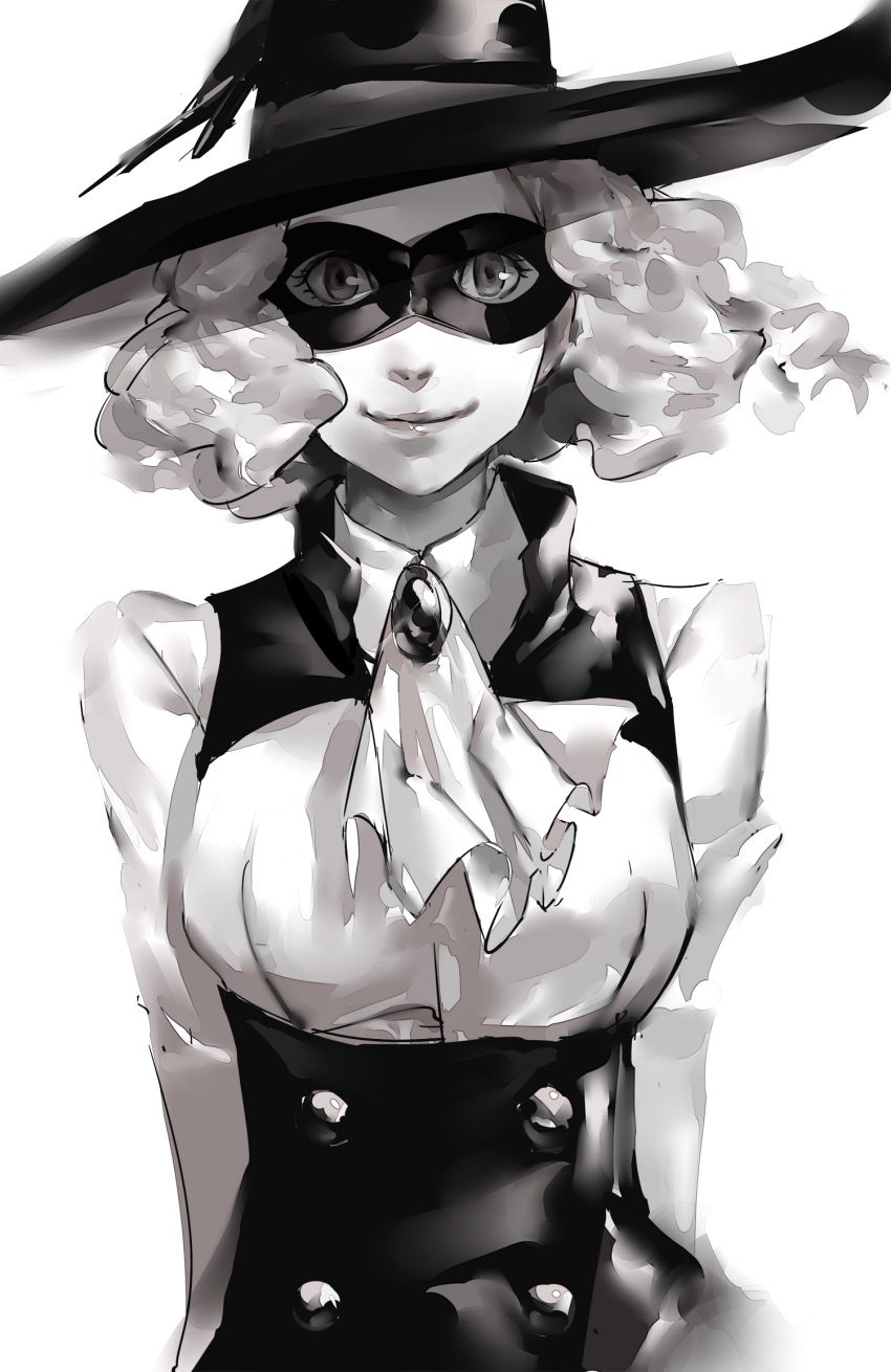 1girl blazpu hat highres looking_at_viewer mask monochrome neckerchief okumura_haru persona persona_5 short_hair smile solo upper_body wavy_hair white_background