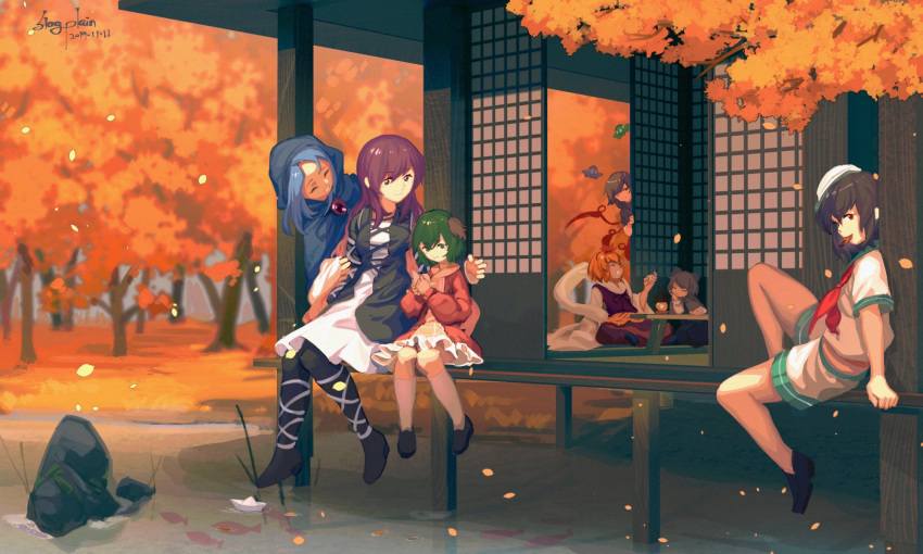 6+girls animal_ears artist_name autumn autumn_leaves bare_legs black_footwear black_hair blue_hair boots brooch dated dress fish food_in_mouth frilled_dress frills furahata_gen green_hair grey_hair hat highres hijiri_byakuren hood houjuu_nue jewelry kasodani_kyouko kneehighs kumoi_ichirin layered_dress loafers long_sleeves mouse_ears multiple_girls murasa_minamitsu nazrin orange_hair orange_tree outdoors paper_boat peeking_out pink_dress pond purple_hair red_wings sailor_collar sailor_hat seiza shoes short_hair short_sleeves shorts sitting tagme toramaru_shou touhou ufo water white_legwear white_shorts wings