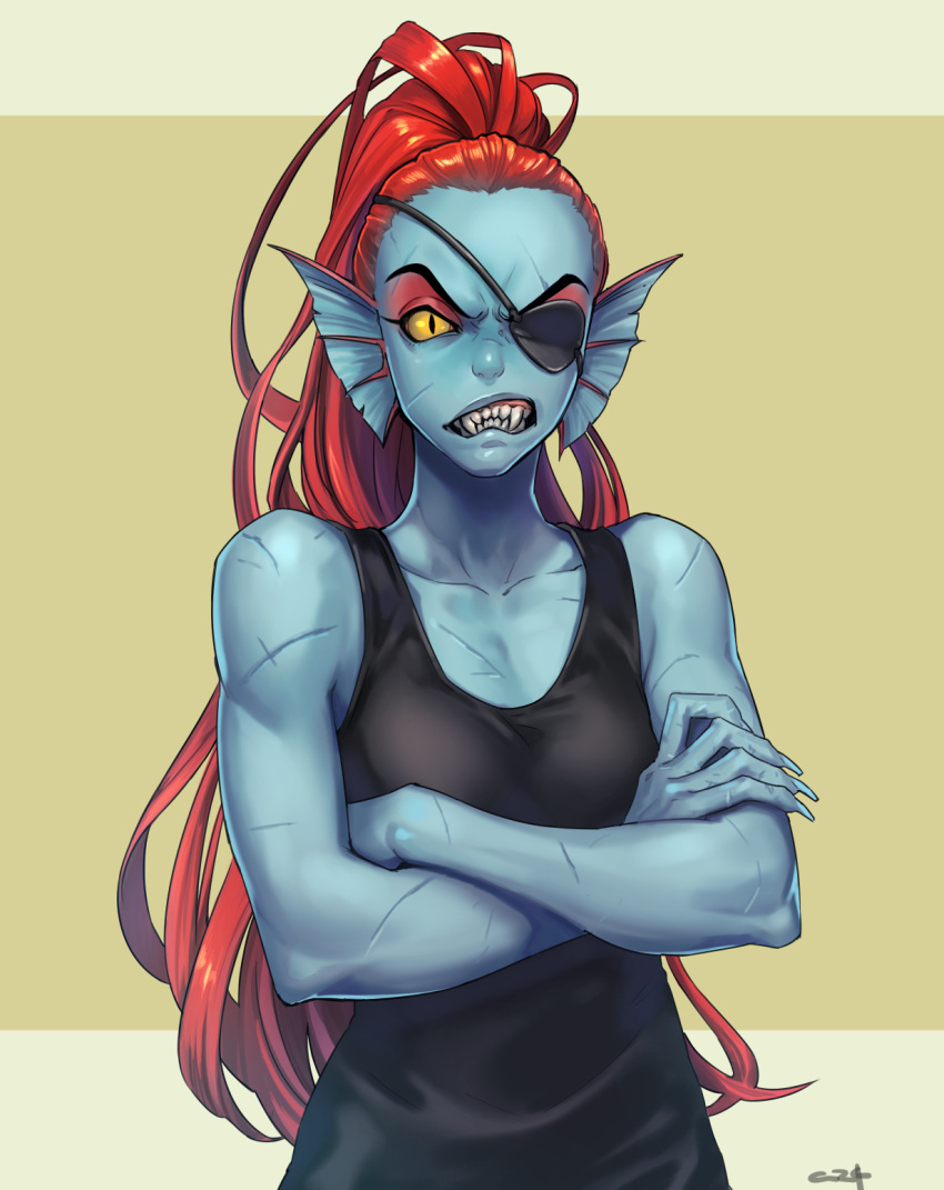 1girl aureolin31 bare_shoulders blue_skin breasts clenched_teeth crossed_arms eyepatch facial_scar fangs head_fins highres long_hair looking_at_viewer monster_girl ponytail redhead scar scar_across_eye sharp_teeth simple_background sleeveless slit_pupils solo tank_top teeth undertale undyne upper_body yellow_background yellow_sclera