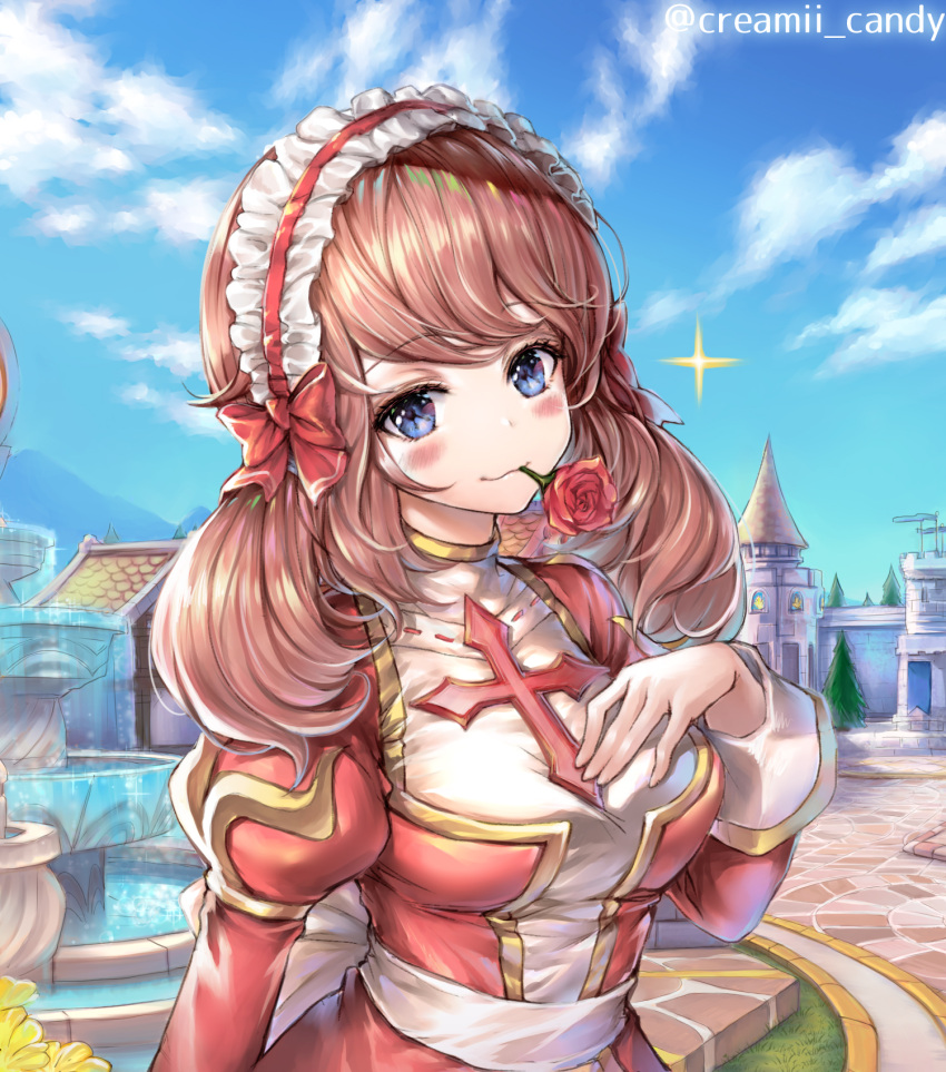 1girl :3 bangs blue_eyes blush brown_hair building day doyagao eyebrows_visible_through_hair flower fountain hairband high_priest highres long_hair long_sleeves looking_at_viewer mii@chiffonx mouth_hold outdoors puffy_long_sleeves puffy_sleeves ragnarok_online rose smile smug solo swept_bangs