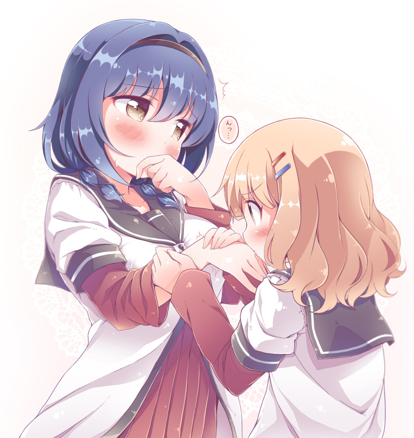 blonde_hair blue_hair braid breasts covering_mouth furrowed_eyebrows furutani_himawari hair_ornament hairband hairclip hand_over_own_mouth hands highres large_breasts licking long_sleeves medium_hair oomuro_sakurako school_uniform short_hair takahero yellow_eyes yuri yuru_yuri