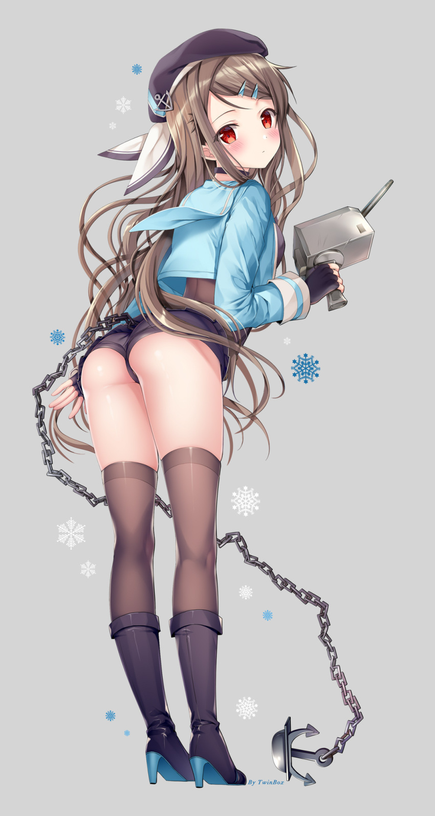 1girl anchor ass azur_lane bangs beret black_footwear black_gloves black_headwear black_legwear black_shorts blue_jacket blush boots brown_hair brown_legwear cannon chain closed_mouth commentary_request fingerless_gloves full_body gloves grey_background hair_ornament hairclip hat high_heel_boots high_heels highres holding jacket kimberly_(azur_lane) legs long_hair long_sleeves looking_at_viewer looking_back red_eyes short_shorts shorts simple_background snowflakes sousouman standing swept_bangs thigh-highs turret