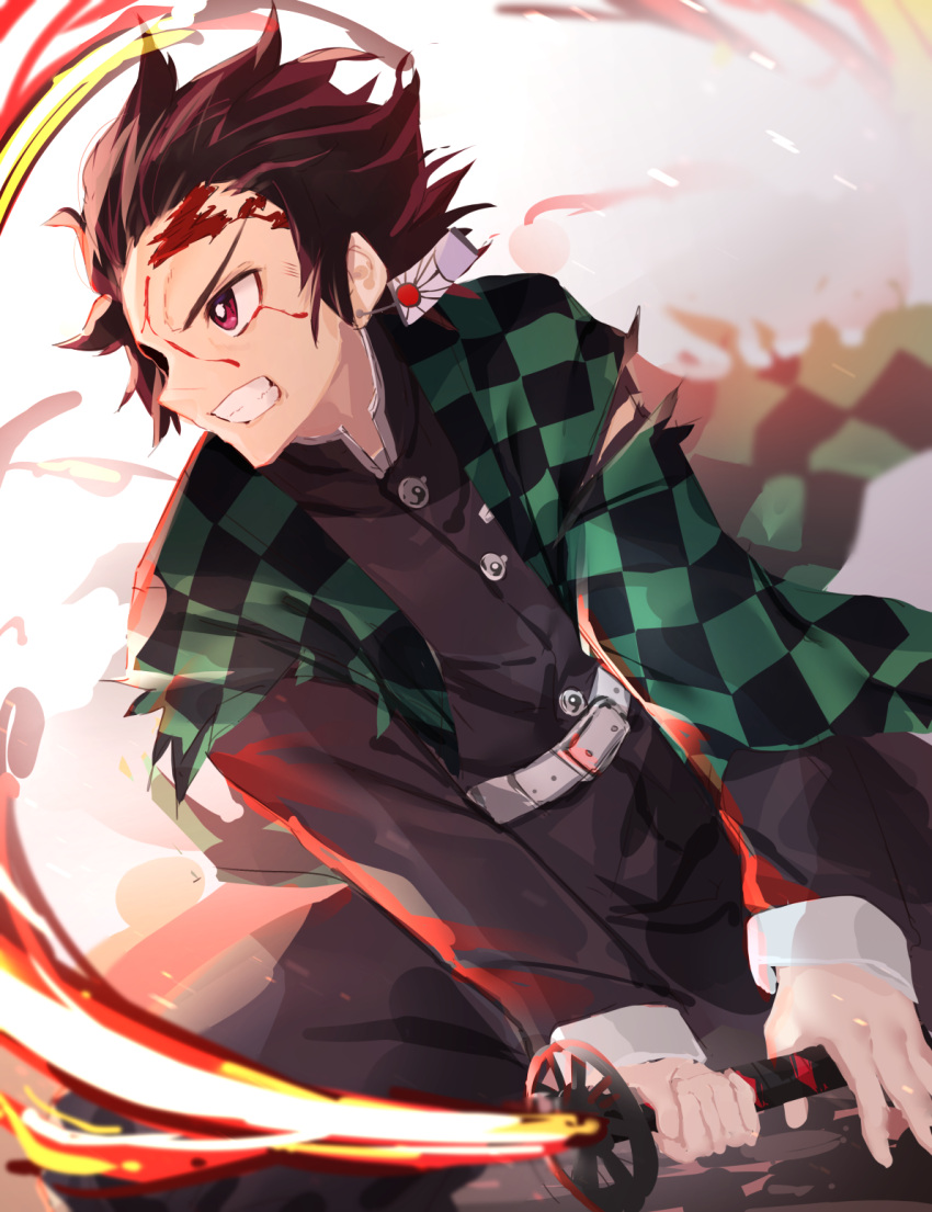 1girl belt belt_buckle black_jacket black_pants blood blood_on_face blurry blurry_background brown_hair buckle checkered clenched_teeth commentary_request depth_of_field earrings facial_scar flaming_sword forehead_scar highres holding holding_sword holding_weapon jacket jewelry kamado_tanjirou katana kimetsu_no_yaiba long_sleeves looking_away pants profile scar solo sword tapioka_(oekakitapioka) teeth torn_clothes violet_eyes weapon white_belt
