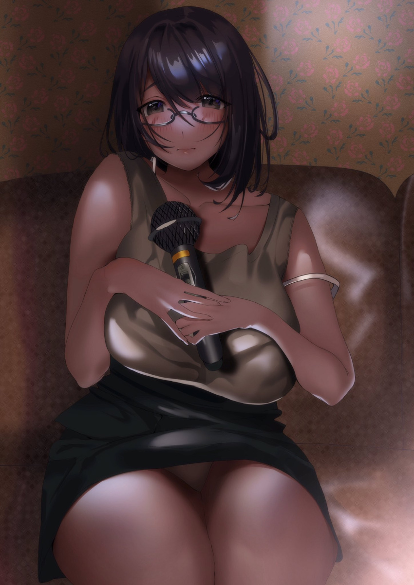 1girl bangs bare_shoulders black_eyes black_hair blush bra breasts commentary couch eyebrows_visible_through_hair glasses hands_on_own_chest highres hip_focus inushima large_breasts lips looking_at_viewer microphone original panties pantyshot shirt sitting skirt solo underwear wallpaper_(object) wide_hips