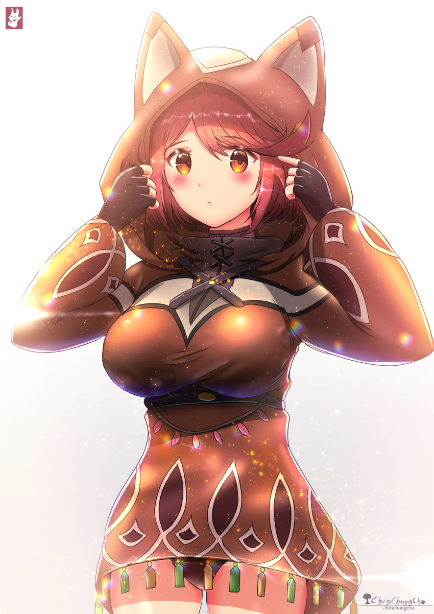1girl animal_ears animal_hood artist_logo blush breasts cat_ears chinchongcha cowboy_shot highres pyra_(xenoblade) hood large_breasts lens_flare looking_at_viewer orange_eyes redhead simple_background solo swimsuit swimsuit_under_clothes white_background xenoblade_(series) xenoblade_2