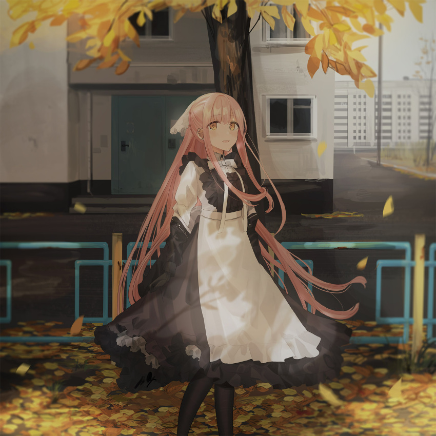 1girl :d apron autumn_leaves bangs black_dress black_jacket black_legwear blurry blurry_background blush brown_eyes building chihuri commentary_request depth_of_field door dress ear_piercing earrings eyebrows_visible_through_hair feet_out_of_frame hair_ribbon highres jacket jewelry juliet_sleeves long_hair long_sleeves off_shoulder open_clothes open_jacket open_mouth original outdoors pantyhose piercing pink_hair ponytail puffy_sleeves ribbon shirt sidelocks sleeveless sleeveless_dress smile solo standing stud_earrings tree very_long_hair waist_apron white_apron white_ribbon white_shirt window yana_(chihuri)