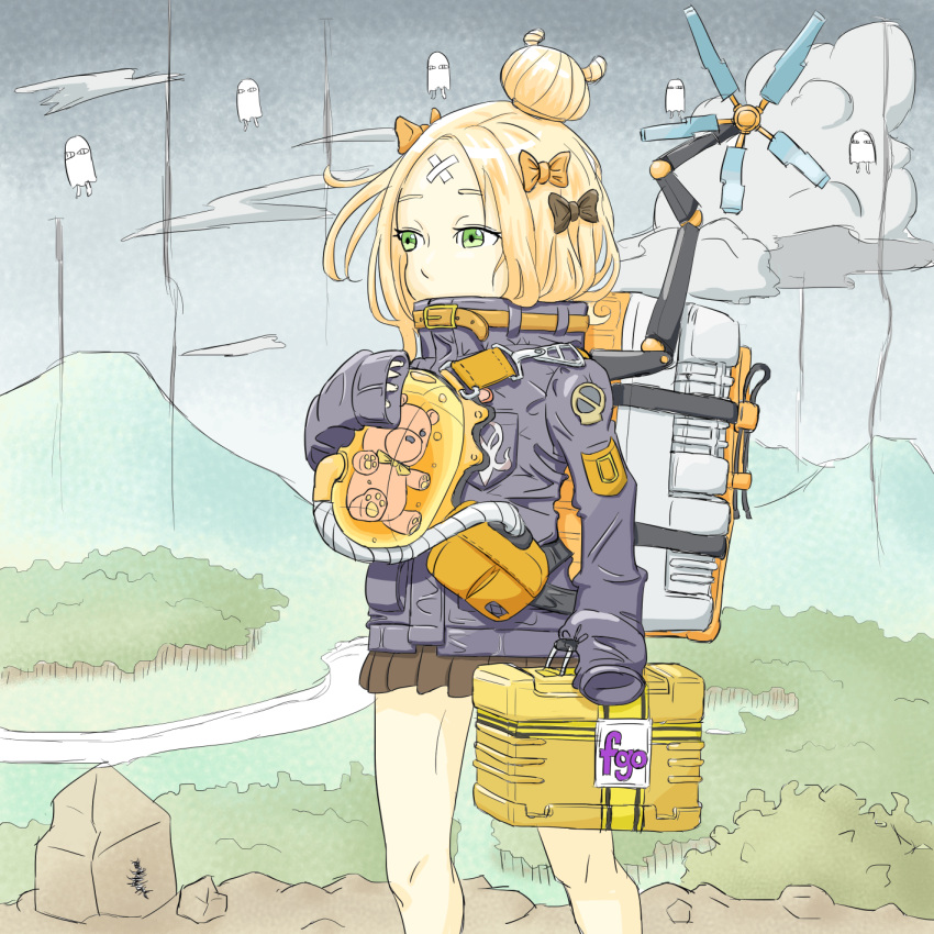 abigail_williams_(fate/grand_order) backpack bag bow bowtie briefcase clouds death_stranding fate/grand_order fate_(series) forest gummy_madacuel hair_bun high_collar highres holding long_sleeves mountain nature nitocris_(fate/grand_order) odradek outdoors parody river rock skirt sky sleeves_past_fingers sleeves_past_wrists strap stuffed_animal stuffed_toy teddy_bear tube