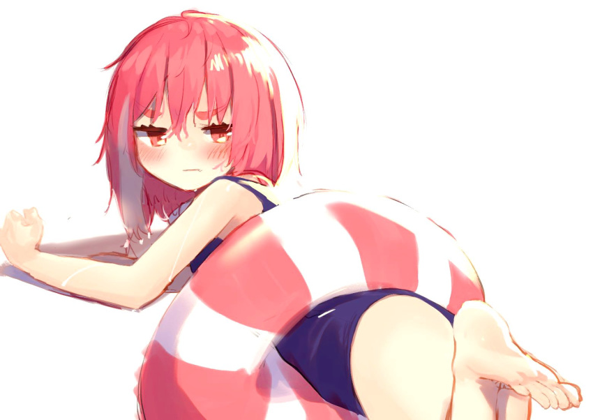 1girl ass bangs bare_arms bare_legs bare_shoulders barefoot blue_swimsuit blush closed_mouth daifukumochi_(akaaokiiwo) eyebrows_visible_through_hair fang fang_out hair_between_eyes lifebuoy looking_at_viewer looking_to_the_side nijisanji one-piece_swimsuit pink_hair red_eyes sasaki_saku shadow soles solo swimsuit thick_eyebrows v-shaped_eyebrows virtual_youtuber white_background