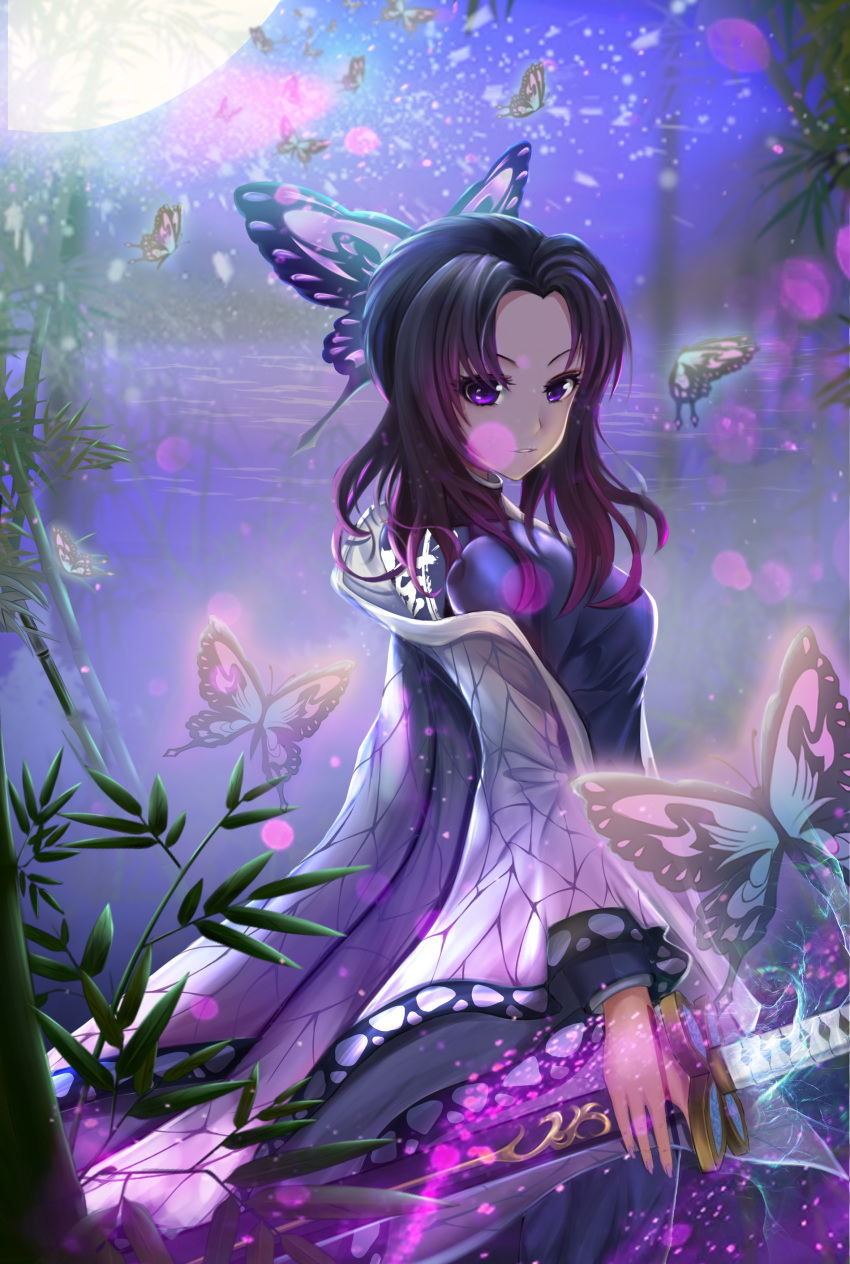 1girl absurdres alternate_hair_length alternate_hairstyle bamboo black_hair blue_jacket bug butterfly butterfly_hair_ornament day from_side gradient_hair hair_ornament haori highres holding holding_sword holding_weapon insect jacket japanese_clothes katana kimetsu_no_yaiba kochou_shinobu lake lens_flare long_hair long_sleeves looking_at_viewer moon multicolored_hair outdoors parted_lips purple_hair sheath sheathed solo standing sword violet_eyes wanyu_(pixiv12974493) weapon