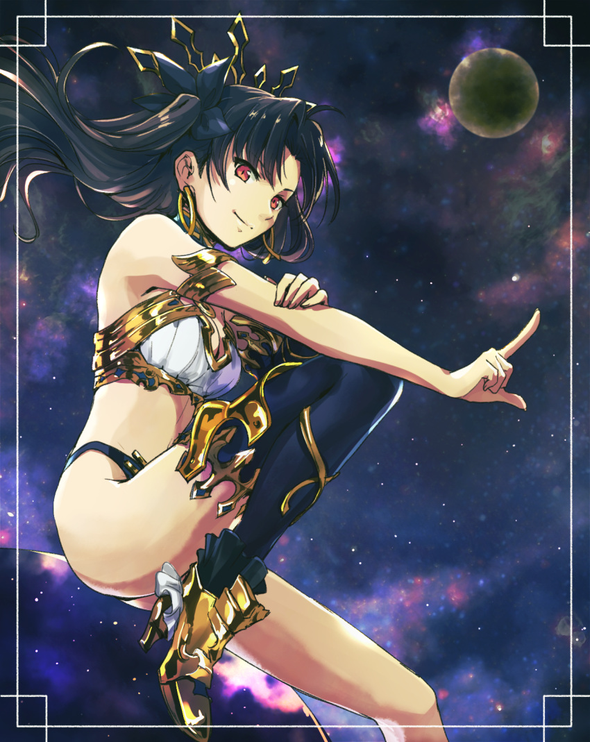 1girl armlet asymmetrical_legwear asymmetrical_sleeves bangs bare_shoulders black_hair breasts bridal_gauntlets crown earrings elbow_gloves eyebrows_visible_through_hair fate/grand_order fate_(series) gloves hair_ribbon high_heels highres hoop_earrings ishtar_(fate/grand_order) jewelry large_breasts long_hair looking_at_viewer neck_ring parted_bangs red_eyes ribbon single_elbow_glove single_thighhigh smile solo tanedahiwa_(carduelini) thigh-highs two_side_up