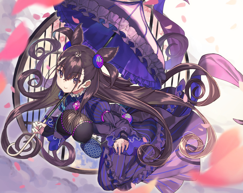 1girl amethyst_(gemstone) bag bangs black_dress blue_bag breasts brown_eyes brown_hair cherry_blossoms closed_mouth coin_purse commentary double_bun dress dutch_angle eyebrows_visible_through_hair eyelashes fate/grand_order fate_(series) floating floating_hair frilled_dress frilled_umbrella frills full_body gem hair_ornament handbag headgear highres holding holding_umbrella impossible_clothes impossible_dress juliet_sleeves kikkaiki large_breasts long_hair long_sleeves looking_at_viewer murasaki_shikibu_(fate) outstretched_arm petals puff_and_slash_sleeves puffy_sleeves purple_umbrella round_window sleeves_past_wrists smile solo striped two_side_up umbrella vertical_stripes very_long_hair wide_sleeves window