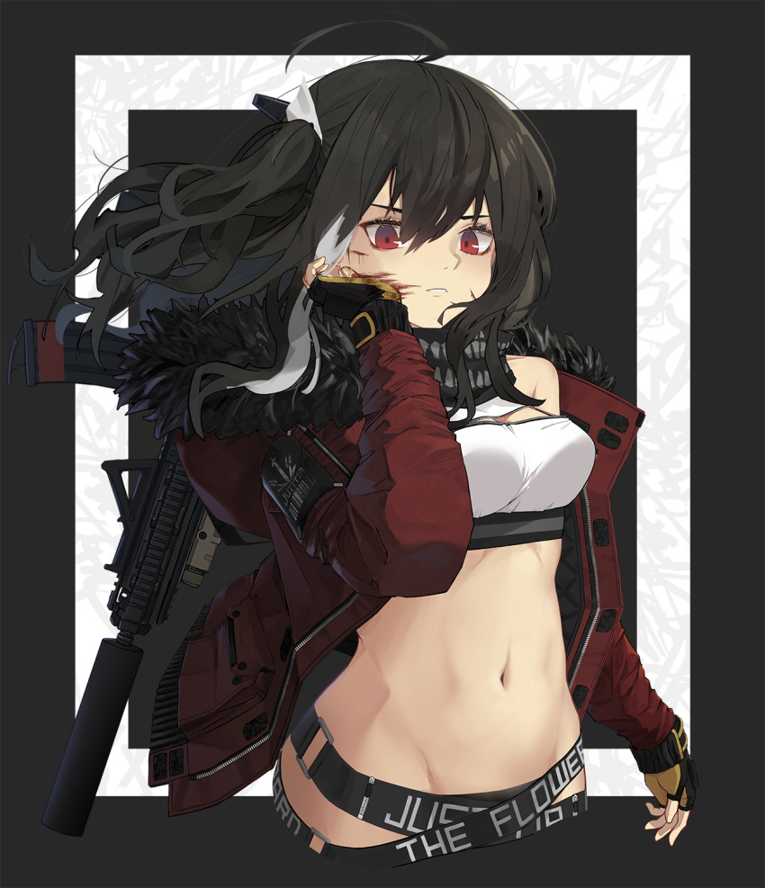 1girl ahoge bandana bare_shoulders belt black_gloves black_hair commentary crop_top dw english_commentary english_text fingerless_gloves frown fur-trimmed_jacket fur_trim gloves gun highres jacket long_hair multicolored_hair multiple_belts navel one_side_up original red_eyes red_jacket solo standing stomach streaked_hair tied_hair upper_body weapon