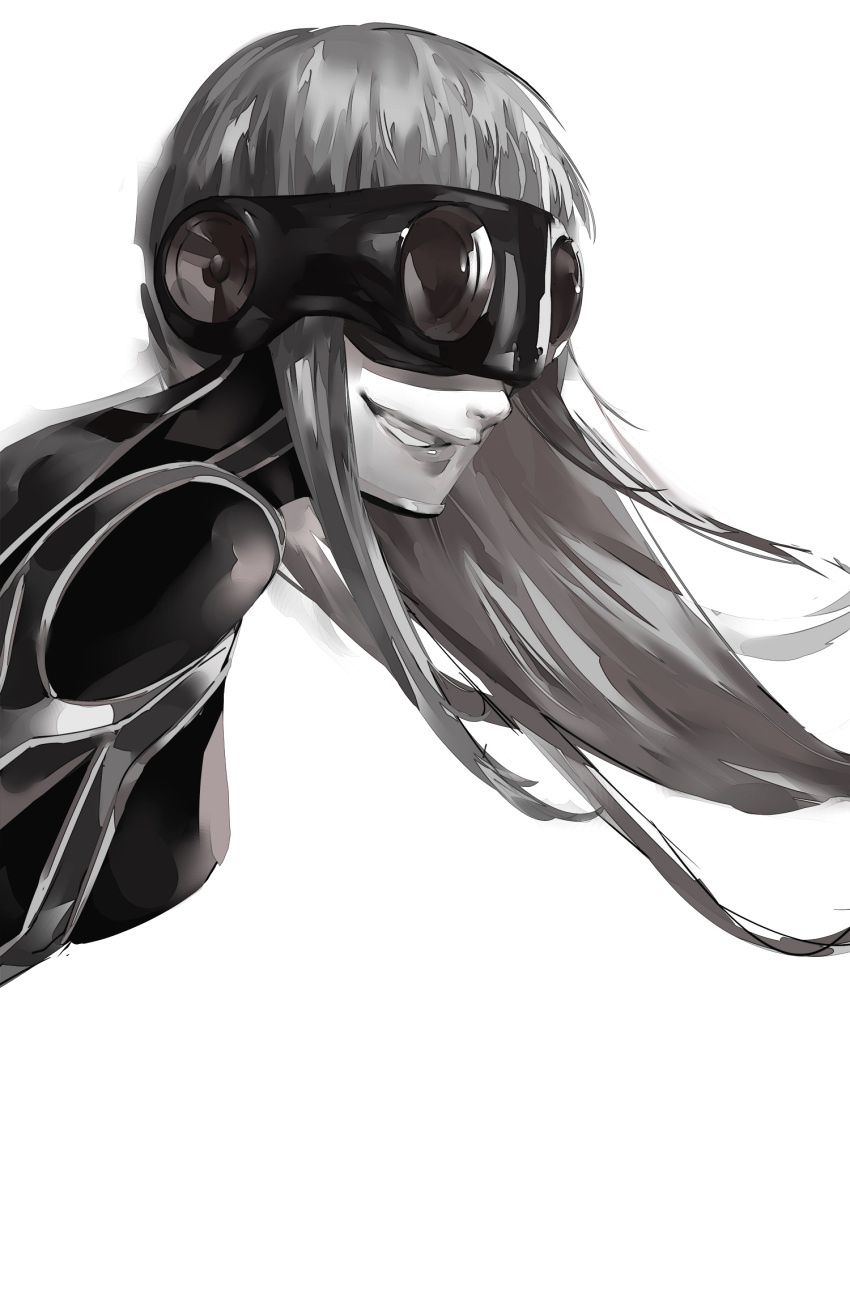 1girl blazpu floating_hair goggles grin highres long_hair looking_to_the_side mask monochrome persona persona_5 sakura_futaba smile solo
