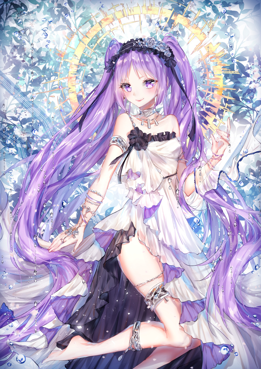 1girl absurdly_long_hair absurdres armlet asymmetrical_clothes bangs barefoot bracelet closed_mouth dress euryale fate/hollow_ataraxia fate_(series) floating_hair frilled_dress frills hairband highres huge_filesize jewelry kity1211_tetsu layered_dress leg_up lolita_hairband long_hair purple_hair shiny shiny_hair sleeveless sleeveless_dress smile solo striped striped_dress thighlet very_long_hair violet_eyes white_dress