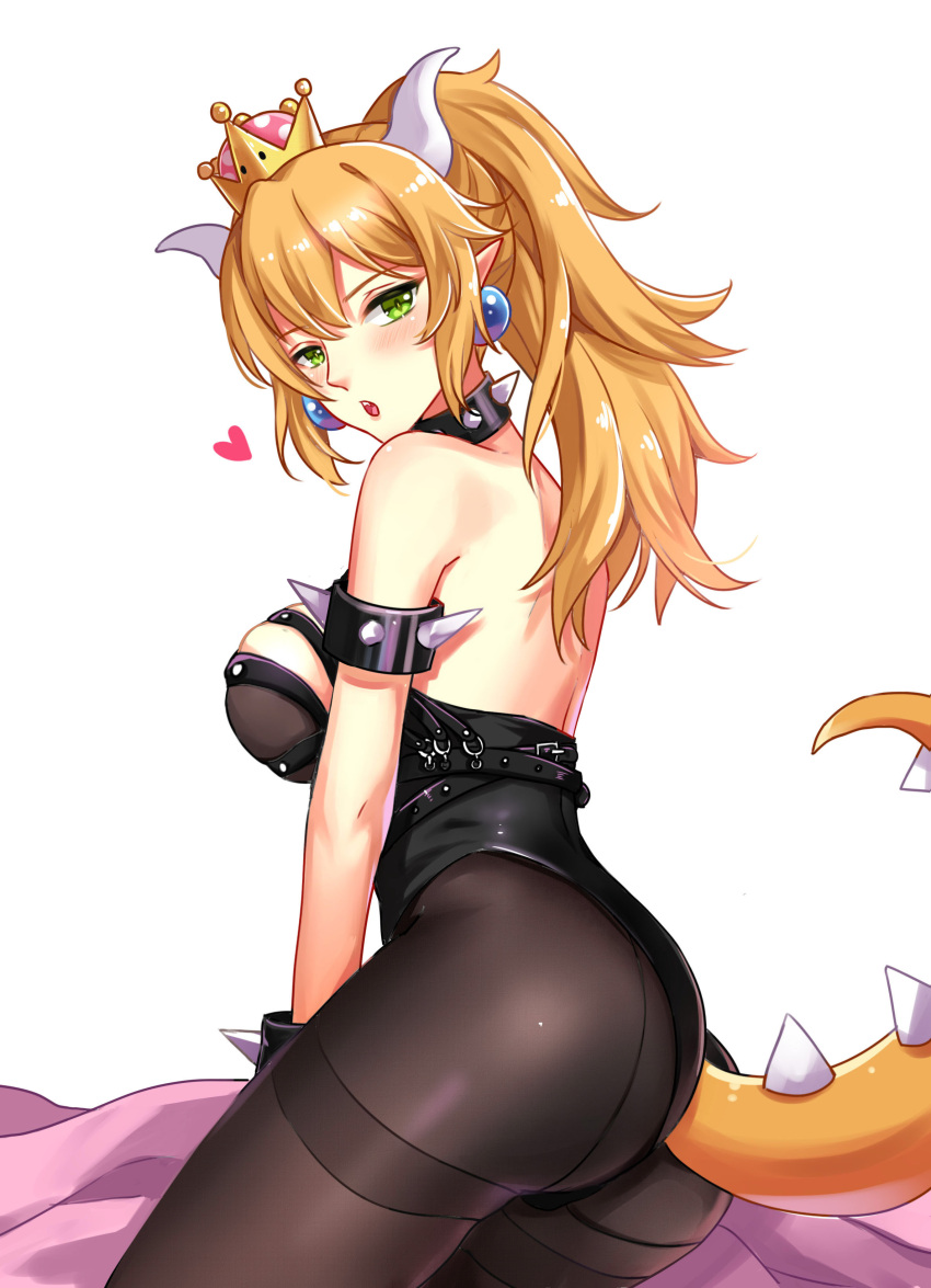 1girl absurdres ass black_collar black_legwear black_leotard blonde_hair blue_earrings bowsette bracelet breasts collar crown green_eyes heart highres horns jewelry large_breasts leotard long_hair super_mario_bros. new_super_mario_bros._u_deluxe pantyhose pointy_ears ponytail ruan_tao sharp_teeth solo spiked_armlet spiked_bracelet spiked_collar spiked_tail spikes strapless strapless_leotard super_crown tail teeth thighband_pantyhose