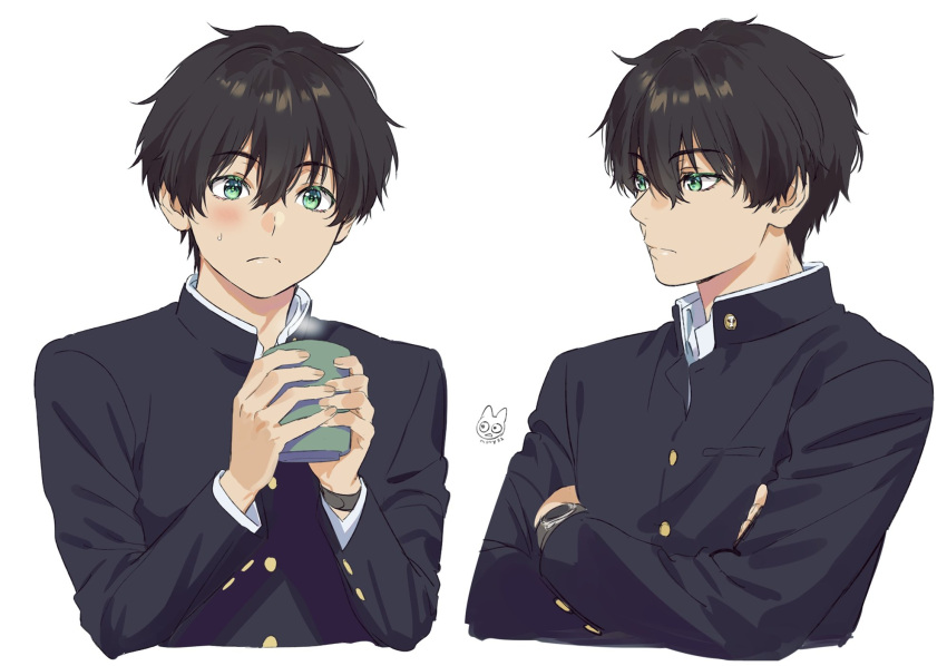 1boy artist_name bangs black_hair black_jacket blush closed_mouth collar collared_jacket crossed_arms cup embarrassed eyebrows_visible_through_hair eyes_visible_through_hair hair_between_eyes highres holding holding_cup hyouka jacket long_sleeves looking_at_viewer looking_to_the_side mery_(apfl0515) oreki_houtarou school_uniform simple_background sweat upper_body watch white_background