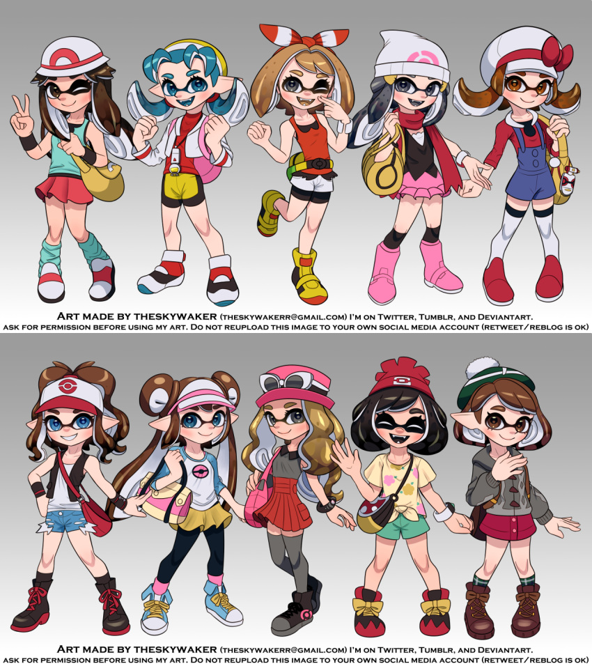 6+girls baseball_cap beanie beret blue_(pokemon) boots company_connection crystal_(pokemon) eyewear_on_headwear fangs female_protagonist_(pokemon_swsh) frilled_shorts frills gradient gradient_background grey_background haruka_(pokemon) hat highres hikari_(pokemon) inkling kotone_(pokemon) looking_at_viewer mei_(pokemon) mizuki_(pokemon) multiple_girls open_mouth overalls pokemon pokemon_(game) pokemon_bw pokemon_bw2 pokemon_dppt pokemon_frlg pokemon_gsc pokemon_hgss pokemon_oras pokemon_sm pokemon_swsh pokemon_xy scarf serena_(pokemon) shoes short_shorts shorts skirt smile sneakers splatoon_(series) standing tam_o'_shanter tentacle_hair theskywaker touko_(pokemon)