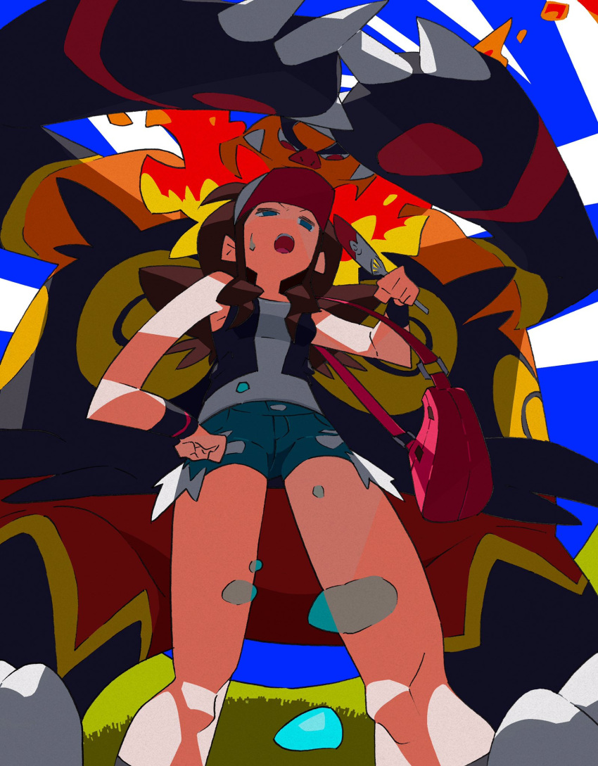 1girl arms_up bag baseball_cap black_legwear black_vest blue_eyes blue_shorts blue_sky breasts brown_hair claws closed_mouth clouds emboar fang fire from_below furry gen_5_pokemon grass half-closed_eyes hand_on_hip hand_up hat highres holding jpeg_artifacts kneehighs long_hair looking_at_another looking_down open_mouth outdoors pokemon pokemon_(creature) pokemon_(game) pokemon_bw red_eyes shirt short_shorts shorts sky sleeveless sleeveless_shirt small_breasts standing sweat teeth touko_(pokemon) vest white_headwear white_shirt wristband yaya_hiyayaka