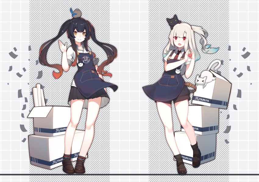 &gt;_&lt; 2girls :d animal animal_on_head apron bangs belt belt_buckle bird bird_on_head black_cat black_hair black_legwear black_shorts black_skirt blue_apron blue_hair blush box breasts brown_belt brown_eyes brown_footwear brown_hair buckle cardboard_box cat closed_eyes closed_mouth collared_shirt diagonal-striped_background diagonal-striped_neckwear diagonal_stripes eyebrows_visible_through_hair fang gradient_hair green_eyes grey_hair hand_up hands_up heart highres loafers long_hair multicolored_hair multiple_girls necktie on_head open_mouth original pleated_skirt rain_lan red_eyes shirt shoes short_shorts short_sleeves shorts sidelocks skirt small_breasts smile socks striped striped_background striped_neckwear thick_eyebrows twintails very_long_hair white_cat white_shirt