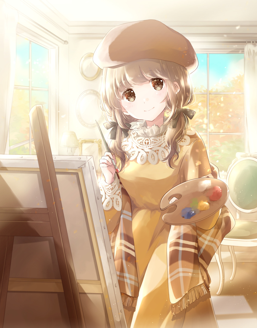 1girl arms_up autumn autumn_leaves beret blue_sky brown_eyes brown_hair brown_headwear canvas_(object) chair commentary_request curtains day dress easel hair_ribbon hat head_tilt high_collar highres holding_brush hoshiibara_mato indoors lace-trimmed_sleeves lace_collar lamp light_particles long_sleeves looking_at_viewer low_twintails mirror original paintbrush palette picture_frame plaid_shawl ribbon shawl short_hair sky smile solo twintails window yellow_dress