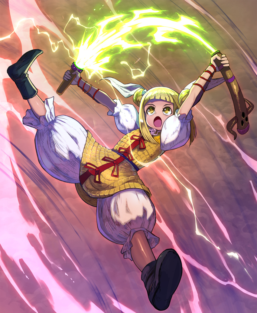 1girl armor arms_up baggy_pants bangs black_footwear blonde_hair blunt_bangs boots commentary_request double_bun energy_sword full_body hair_ribbon haniwa_(statue) highres holding holding_sword holding_weapon joutouguu_mayumi jumping lightning looking_up open_mouth outstretched_arms pants puffy_short_sleeves puffy_sleeves purple_background ribbon sheath shirt shope short_hair short_sleeves solo spread_arms spread_legs sword touhou unsheathing vambraces weapon white_pants white_shirt yellow_eyes