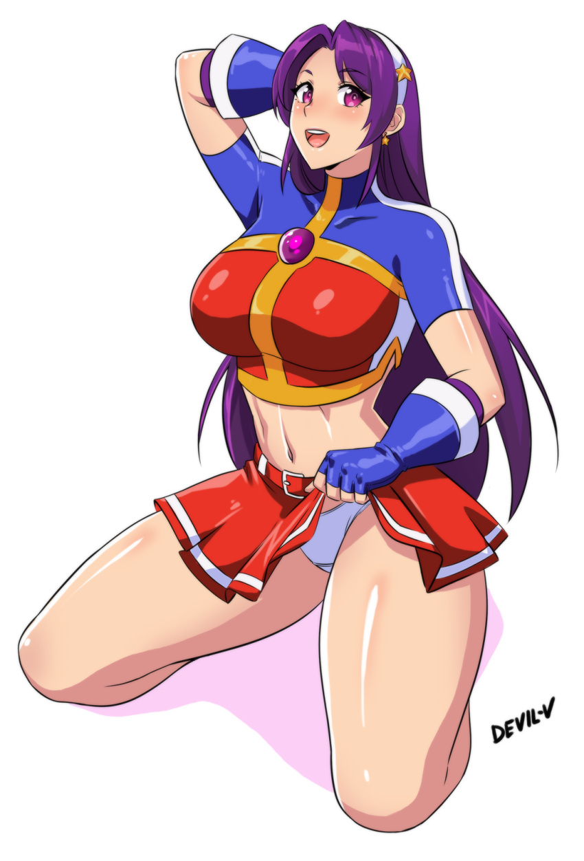 1girl asamiya_athena breasts devil-v headband highres large_breasts panties psycho_soldier purple_hair skirt skirt_lift snk the_king_of_fighters underwear