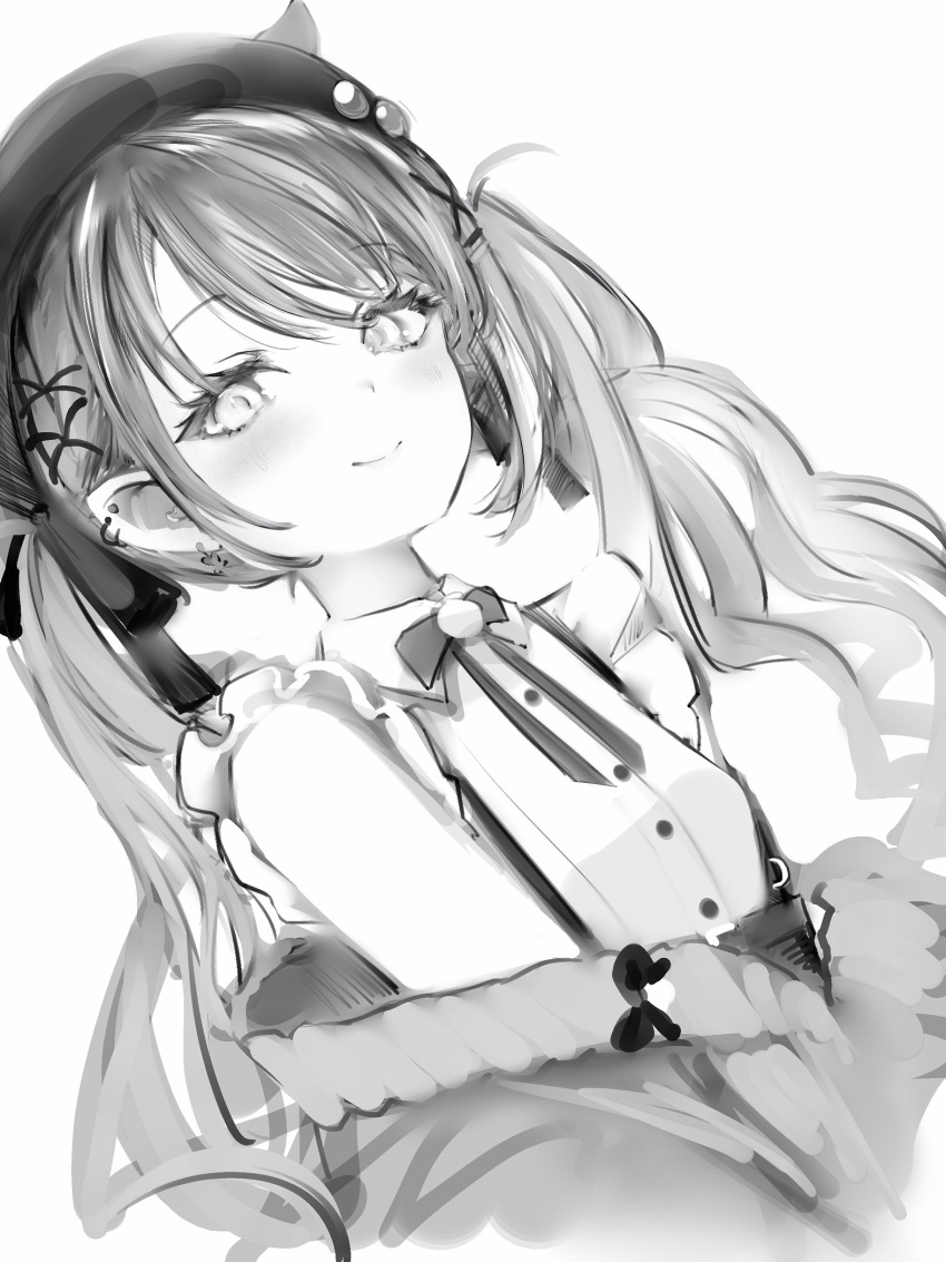 1girl blush closed_mouth dutch_angle ear_piercing earrings greyscale hair_ornament hairclip hat high-waist_skirt highres hololive jacket jewelry long_hair looking_at_viewer monochrome nanashi_(nlo) neck_ribbon off_shoulder official_alternate_costume piercing pointy_ears ribbon shirt short_sleeves simple_background skirt smile solo suspender_skirt suspenders sweater_jacket tokoyami_towa twintails upper_body white_background x_hair_ornament