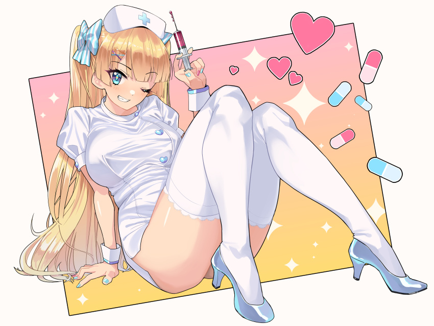 1girl absurdres arm_support ass bangs blonde_hair blue_eyes blue_nails blunt_bangs blush bow breasts capsule dress eyebrows_visible_through_hair eyelashes fanbox_reward full_body grin hair_bow hair_ornament hairclip hat heart high_heels highres jii_(user_ihp6405) large_breasts lina_(michihasu) long_hair looking_at_viewer medicine multicolored multicolored_nails nail_polish nurse nurse_cap one_eye_closed original paid_reward parted_lips pink_nails puffy_short_sleeves puffy_sleeves short_dress short_sleeves side_slit simple_background sitting smile solo star striped striped_bow syringe taut_clothes taut_dress thigh-highs thighs two_side_up white_legwear wrist_cuffs x_hair_ornament zettai_ryouiki