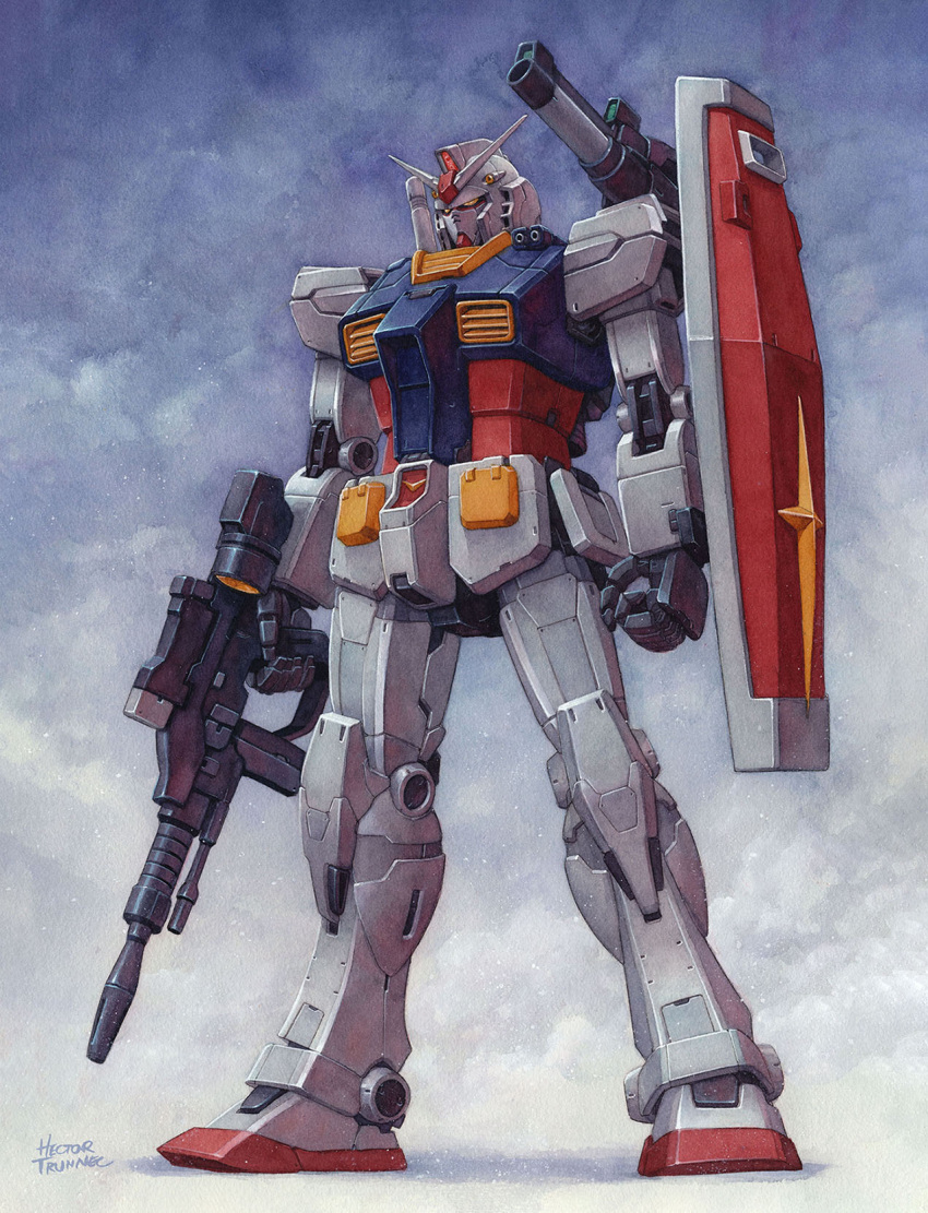 artist_name beam_rifle calligraphy_brush_(medium) energy_gun full_body gun gundam hector_trunnec highres holding holding_gun holding_weapon mecha mobile_suit mobile_suit_gundam no_humans rx-78-2 science_fiction shoulder_cannon traditional_media watercolor_(medium) weapon yellow_eyes