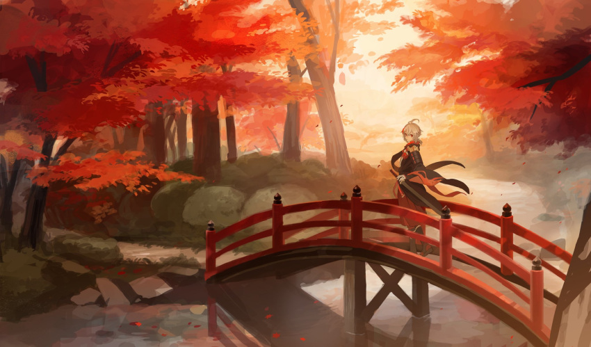 1boy antenna_hair armor autumn autumn_leaves bangs black_gloves bridge c3t_gg commentary fingerless_gloves genshin_impact gloves grey_hair hair_between_eyes highres japanese_armor japanese_clothes kaedehara_kazuha leaf leaf_print looking_at_viewer male_focus multicolored_hair nature outdoors red_eyes redhead river rock scenery sheath sheathed solo standing streaked_hair sword symbol-only_commentary tree walking water weapon wide_sleeves