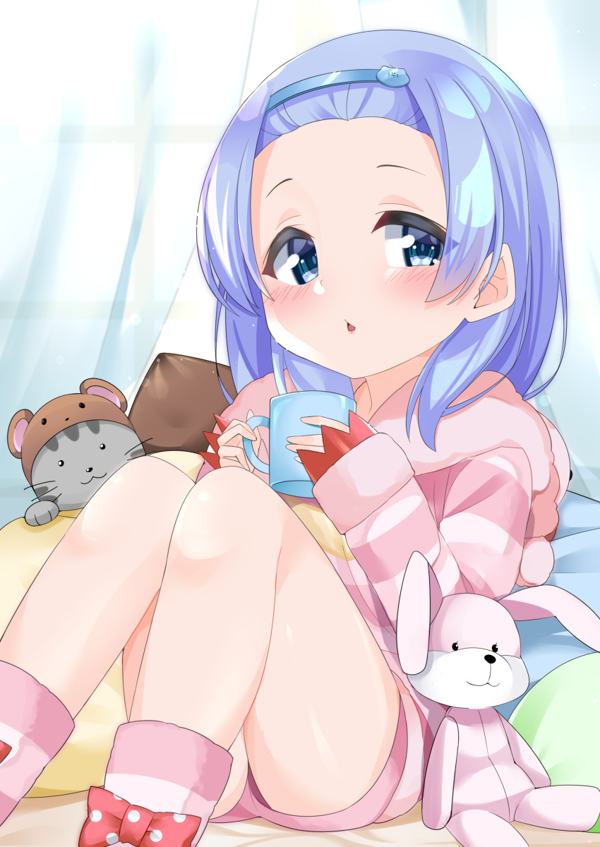 1girl absurdres animal bangs bed_sheet blue_eyes blue_hair blue_hairband blush cacao_(chocolat) cat cat_hair_ornament commentary_request cosplay cup curtains forehead hair_ornament hairband highres holding holding_cup hood hood_down hooded_jacket jacket knees_up long_hair long_sleeves morinaka_kazaki morinaka_kazaki_(cosplay) mug nijisanji parted_bangs parted_lips pillow pink_shorts short_shorts shorts sleeves_past_wrists socks solo striped striped_jacket striped_legwear stuffed_animal stuffed_bunny stuffed_toy transparent virtual_youtuber window yuuki_chihiro