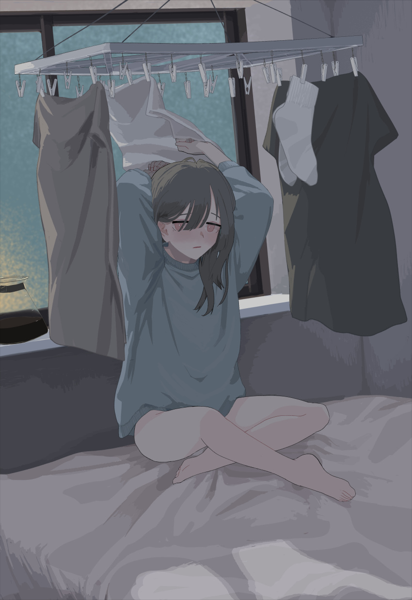 1girl absurdres arms_up barefoot bed brown_hair clothes_pin coffee_pot highres indoors long_hair long_sleeves looking_at_viewer oissu_tiwassu on_bed original sitting socks_removed solo sweatshirt window