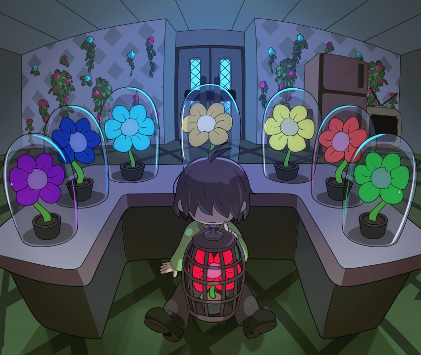 1other :| aqua_flower argyle argyle_background backlighting blue_flower brown_hair brown_pants cage closed_mouth deltarune door expressionless fisheye flower flower_shop glass_container green_flower green_sweater hair_over_eyes hidden_eyes highres houten_(dre_a_mer) kris_(deltarune) orange_flower pants purple_flower red_flower refrigerator shop sitting solo sweater television television_screen yellow_flower