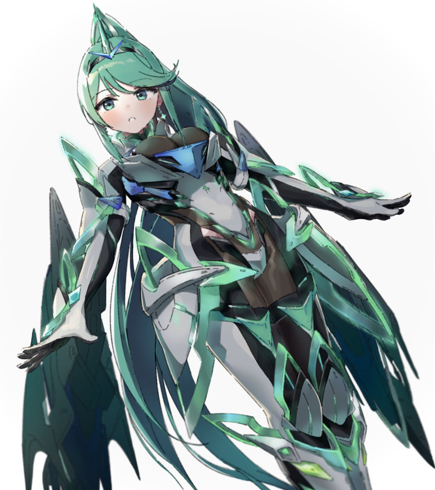 1girl armor bangs blush breasts elbow_gloves epi_zero gem gloves green_eyes green_hair hair_ornament highres jewelry large_breasts long_hair looking_at_viewer medium_breasts pneuma_(xenoblade) ponytail shoulder_armor simple_background smile solo spoilers swept_bangs tiara very_long_hair white_background xenoblade_(series) xenoblade_2
