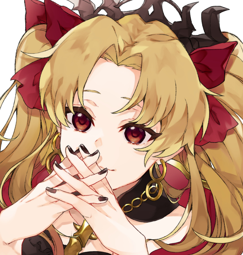 1girl bangs black_nails blonde_hair collarbone commentary_request earrings ereshkigal_(fate/grand_order) face fate/grand_order fate_(series) hair_ribbon highres jewelry kamo860 long_hair looking_at_viewer parted_bangs red_eyes red_ribbon ribbon solo two_side_up
