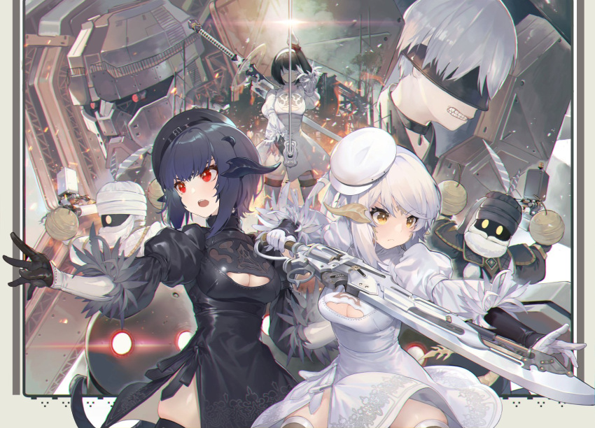 akizone au_ra beard black_hair blindfold brown_eyes choker dark_skin dress engels_(nier) facial_hair final_fantasy final_fantasy_xiv gunblade hat highres horns lalafell nier_(series) nier_automata pod_(nier_automata) red_eyes robot skindentation sword thigh-highs thighs turban weapon white_hair yellow_eyes yorha_no._2_type_b yorha_no._9_type_s